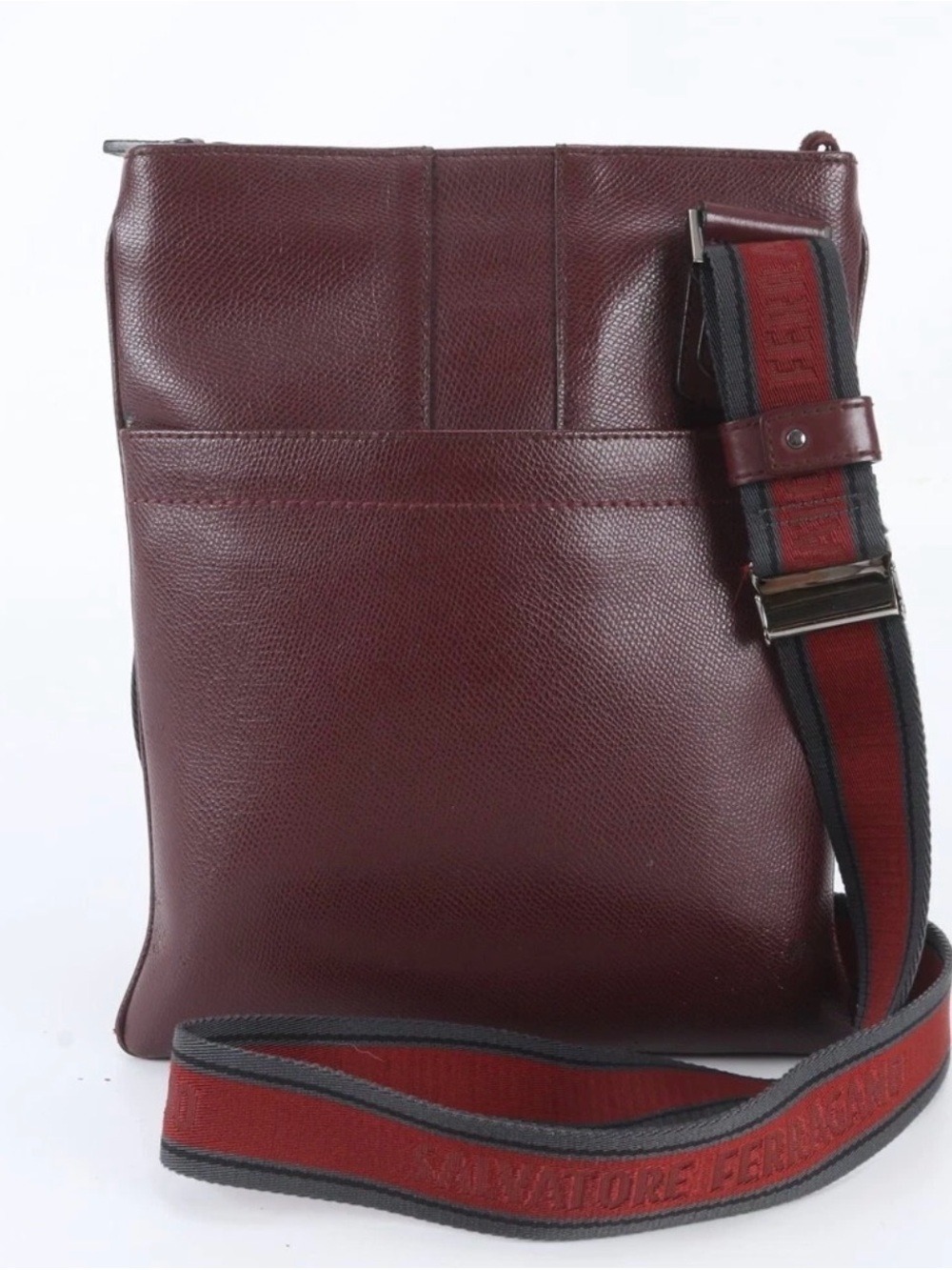 Salvatore Ferragamo Men's Burgundy Leather Messenger with Red-Trim Web Strap